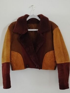 Onbu De Dacco Cropped Color Block Mouton Shearling Sheepskin Jacket Coat M